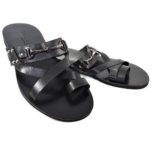 GOODMAN 🇮🇹 MEN'S BLACK LEATHER FLAT COMFORT SUMMER SANDALS